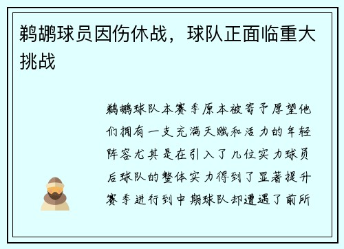 鹈鹕球员因伤休战，球队正面临重大挑战